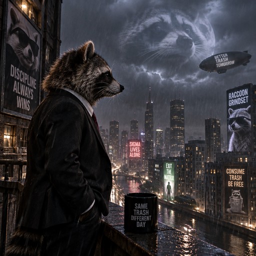 Anthropomorphic raccoon in suit overlooking a rainy neon-lit city skyline.