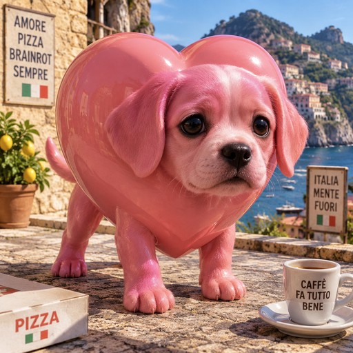 Pink cartoon dog with a heart-shaped body standing on a tiled seaside terrace, meme style.