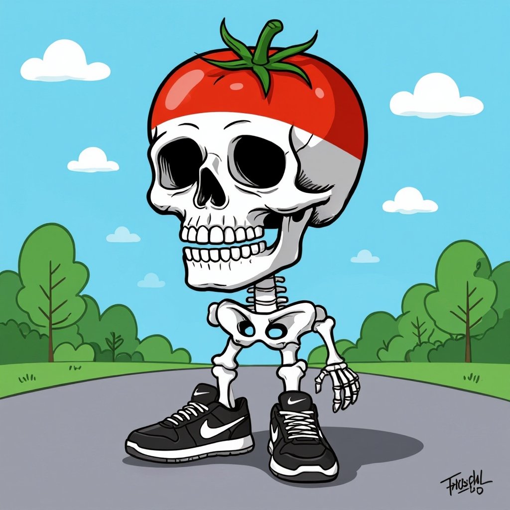 Uma caveira com cabeça de tomate, com corpo de osso e com tênis da Nike