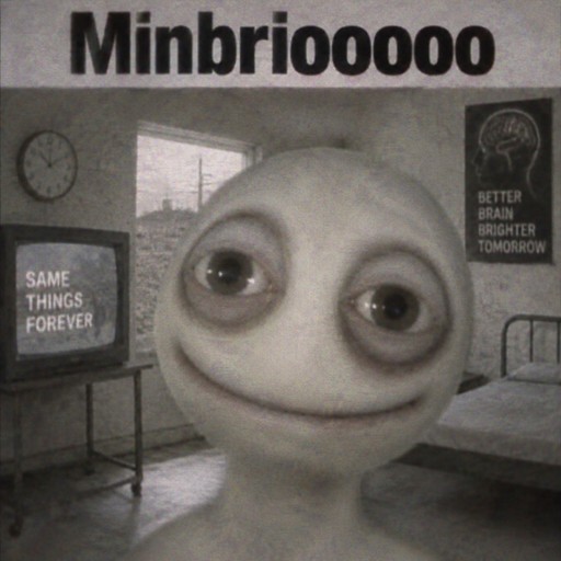 Surreal grayscale meme featuring a wide-eyed character in a bedroom with text panels
