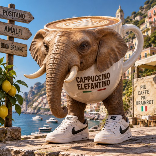 Elephant in a cappuccino mug wearing sneakers beside colorful Italian coast signs
