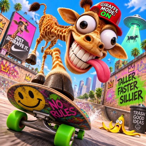 Colorful cartoon giraffe skateboarding through a surreal city scene with playful signs.