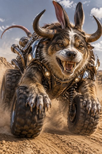 Furry horned creature charging through sand in detailed fantasy digital art