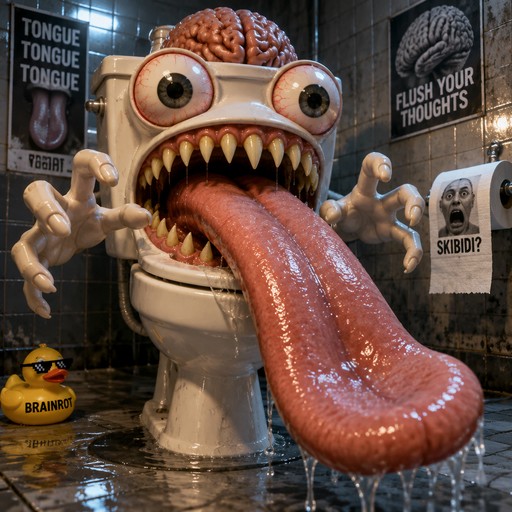 Surreal 3D toilet monster with bulging eyes, sharp teeth, and a long tongue in a tiled room.
