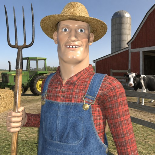Stylized farmer holding a pitchfork beside a barn, tractor, and cows
