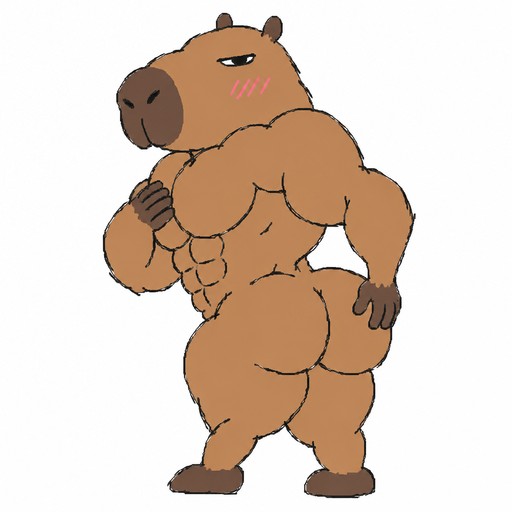 Cartoon capybara flexing muscular arms in a brown-toned illustration.