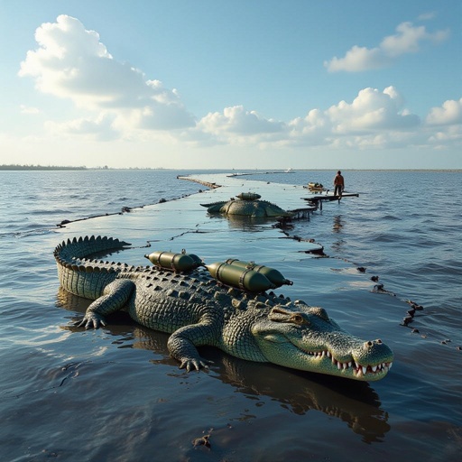 Un aereo fusa, un coccodrillo con sotto delle bombe vista rate lare