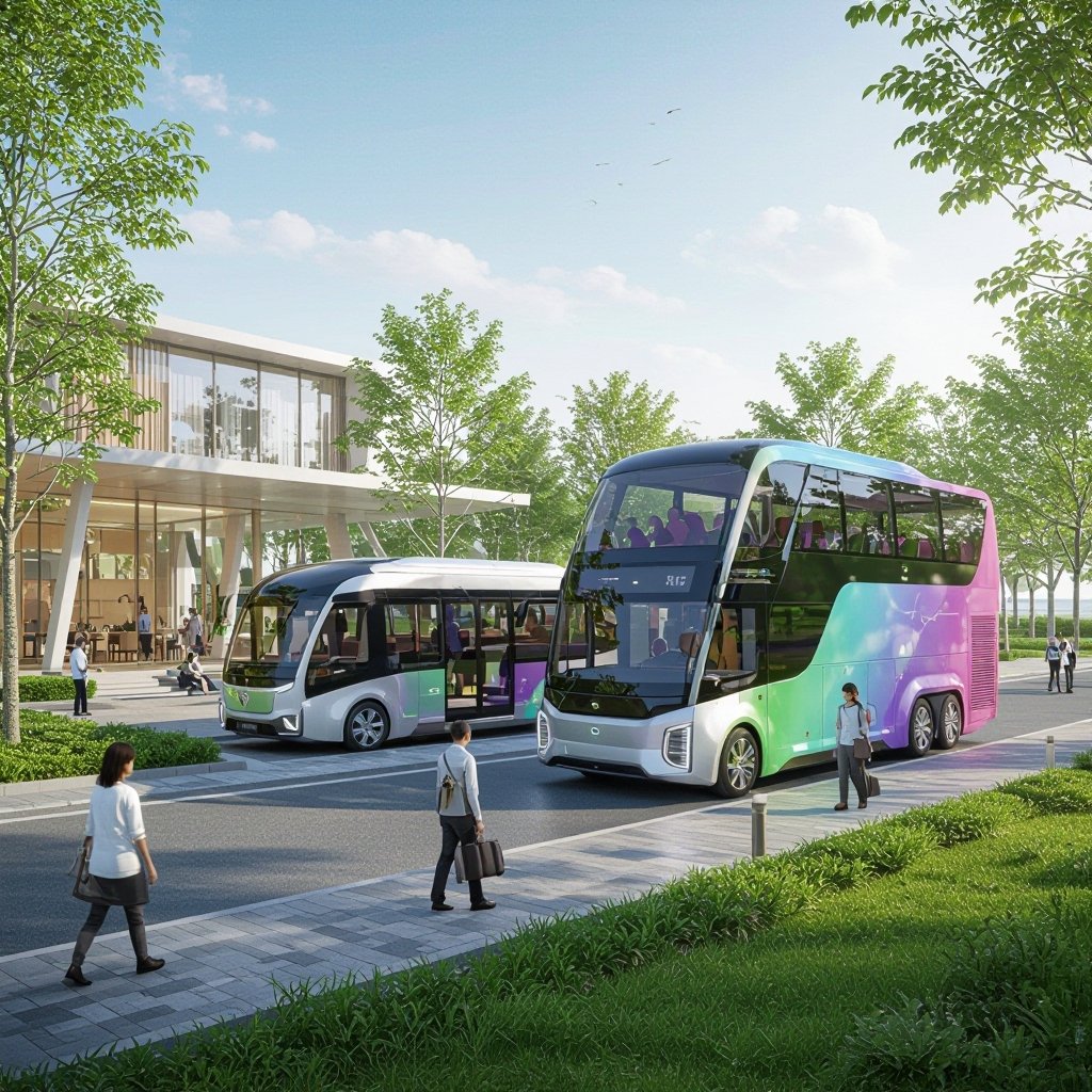 It doesn’t emit exhaust fumes It can use stored electricity to spport driving It has a hotel a park a place for meetings fising conversations with the car autonomous driving to pick you up and a large bus that can change color at will