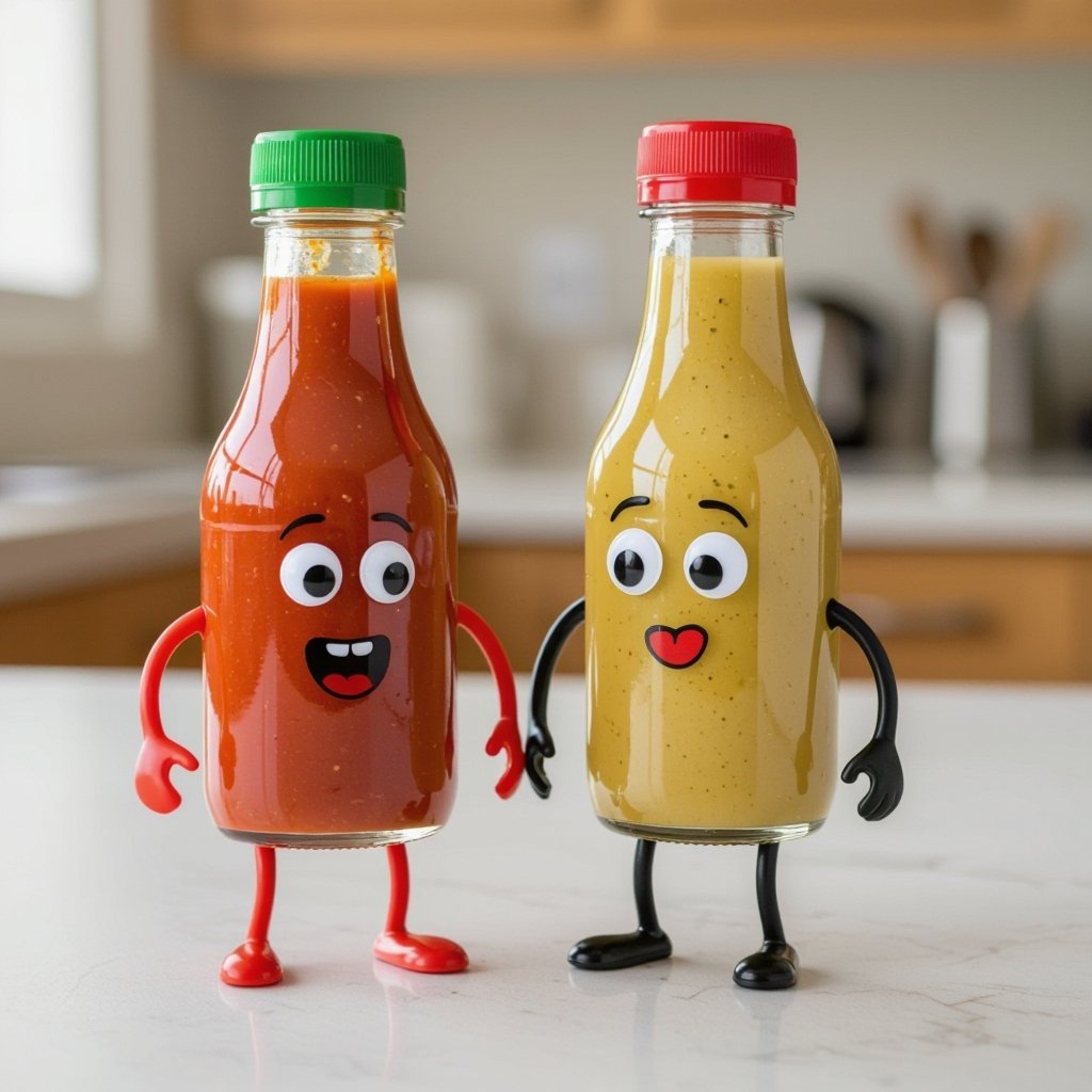 Molho de pimenta do lado de um molho de alho. Os dois em pé e de garrafa que tem pernas, e tenham boca e olhos