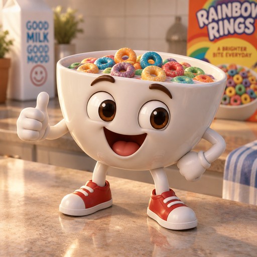 Cartoon cereal bowl gives a thumbs-up beside colorful cereal boxes in a kitchen.