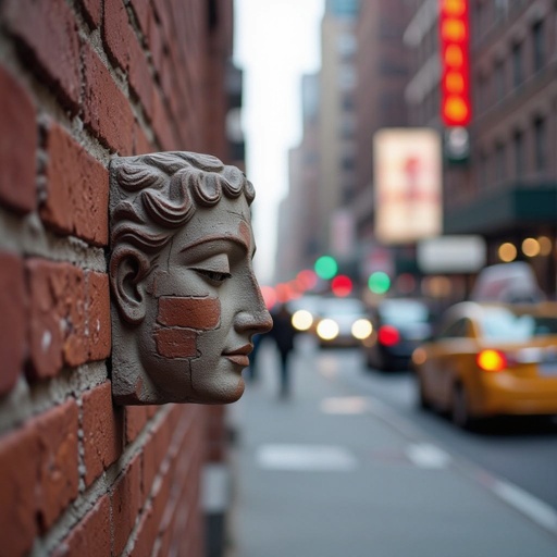 Brick with human face in city