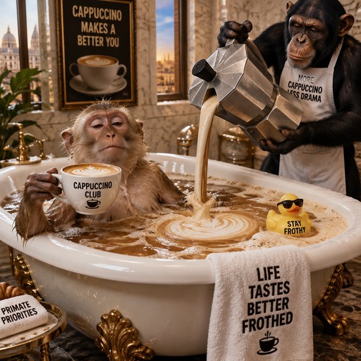 A monkey pours coffee into a bathtub beside a person in a cappuccino-themed café scene.