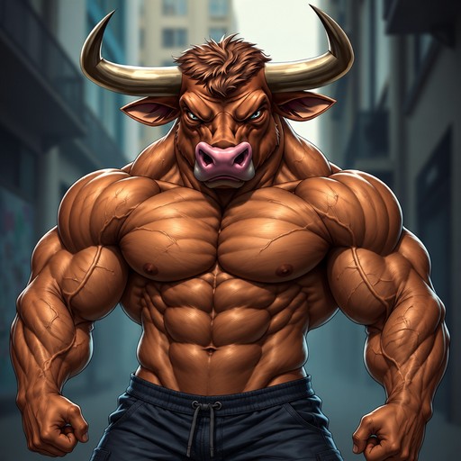 Cartoon-style muscular minotaur with horns, standing against a blue city background.