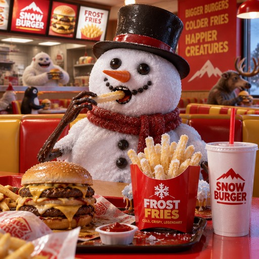 A top-hat snowman eats fries in a colorful Snow Burger restaurant scene.