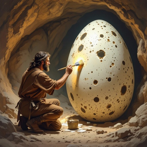 Man painting dinosaur egg in cave