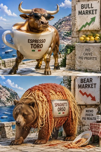 Surreal coffee-cup bull and shaggy bear beside market signs in a coastal town