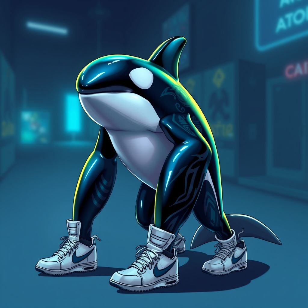 Orca with white Nike shoes three legs