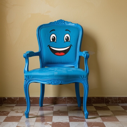 A blue chair with a face 