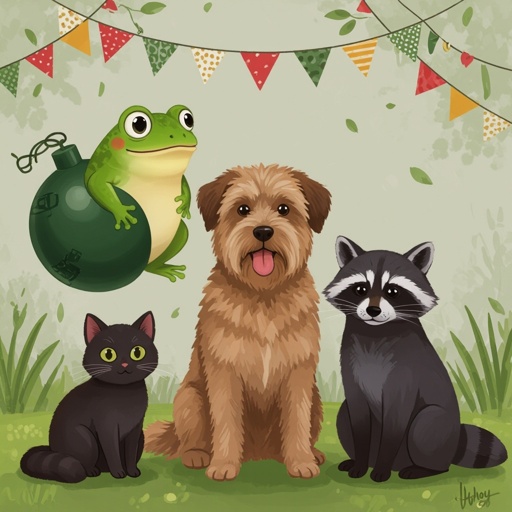 Put a frog combined with a bomb and a dog and the cat and the raccoon