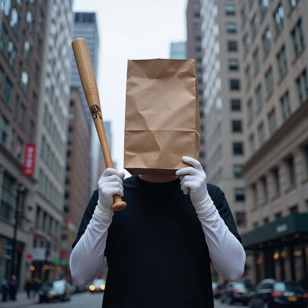 Paper job on head 2 white arm 2 white leg with baseball bat in city