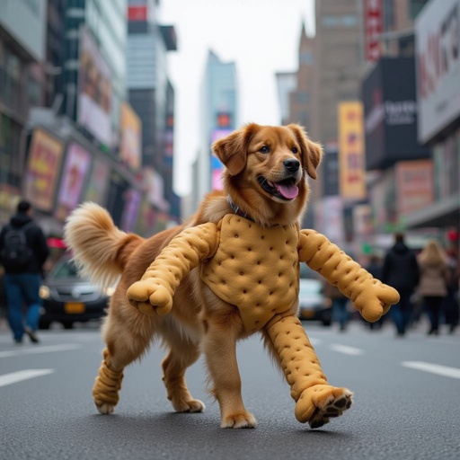 Dog with crackers body 2 bog arm 2 human foot in city