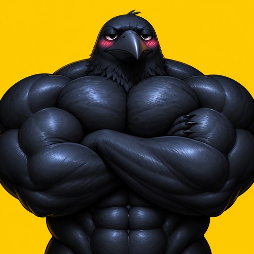 Cartoon-style black muscular humanoid with crossed arms on a bright yellow background