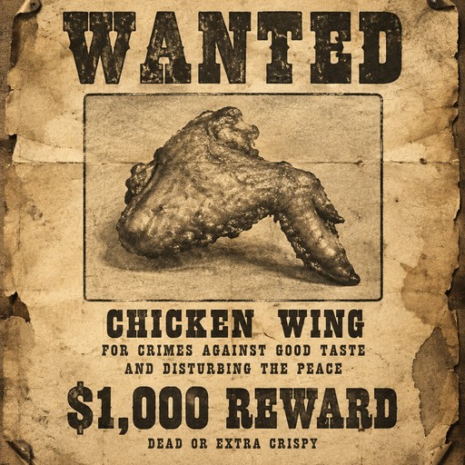 Sepia wanted poster featuring a crispy chicken wing and bold reward text