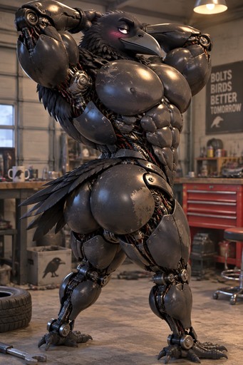 Armored black robotic creature standing in an industrial workshop.