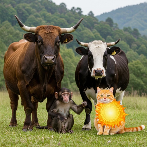 Bull, monkey,cow,and a cat with a sun for a body