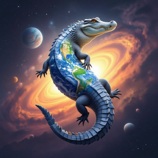 A alligator that has a planet as his body
