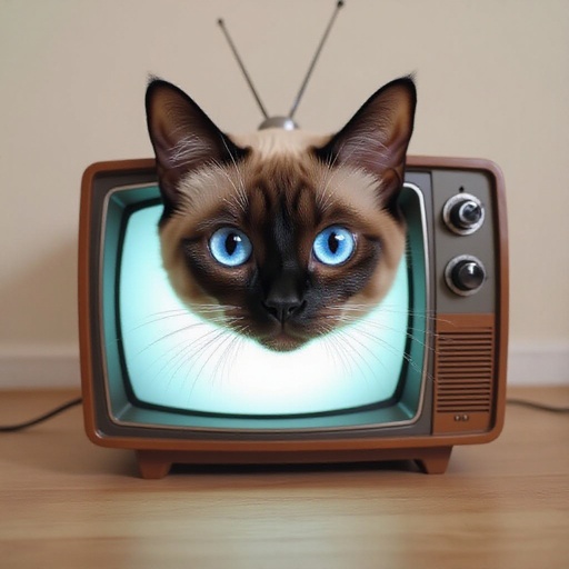 Burmese cat with blue eyes and has a retro tv on its head