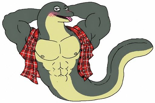 Cartoon muscular lizard wearing a red plaid shirt and flexing.