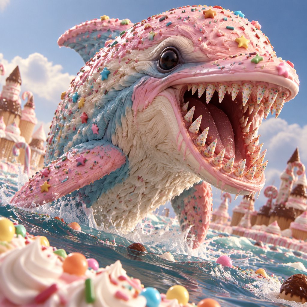 Colorful surreal meme of a sprinkle-covered sea creature leaping through water near pastel castles