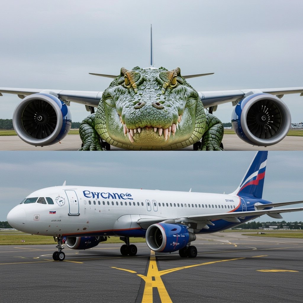 Un aeroplano con la testa di un coccodrillo orizzontale