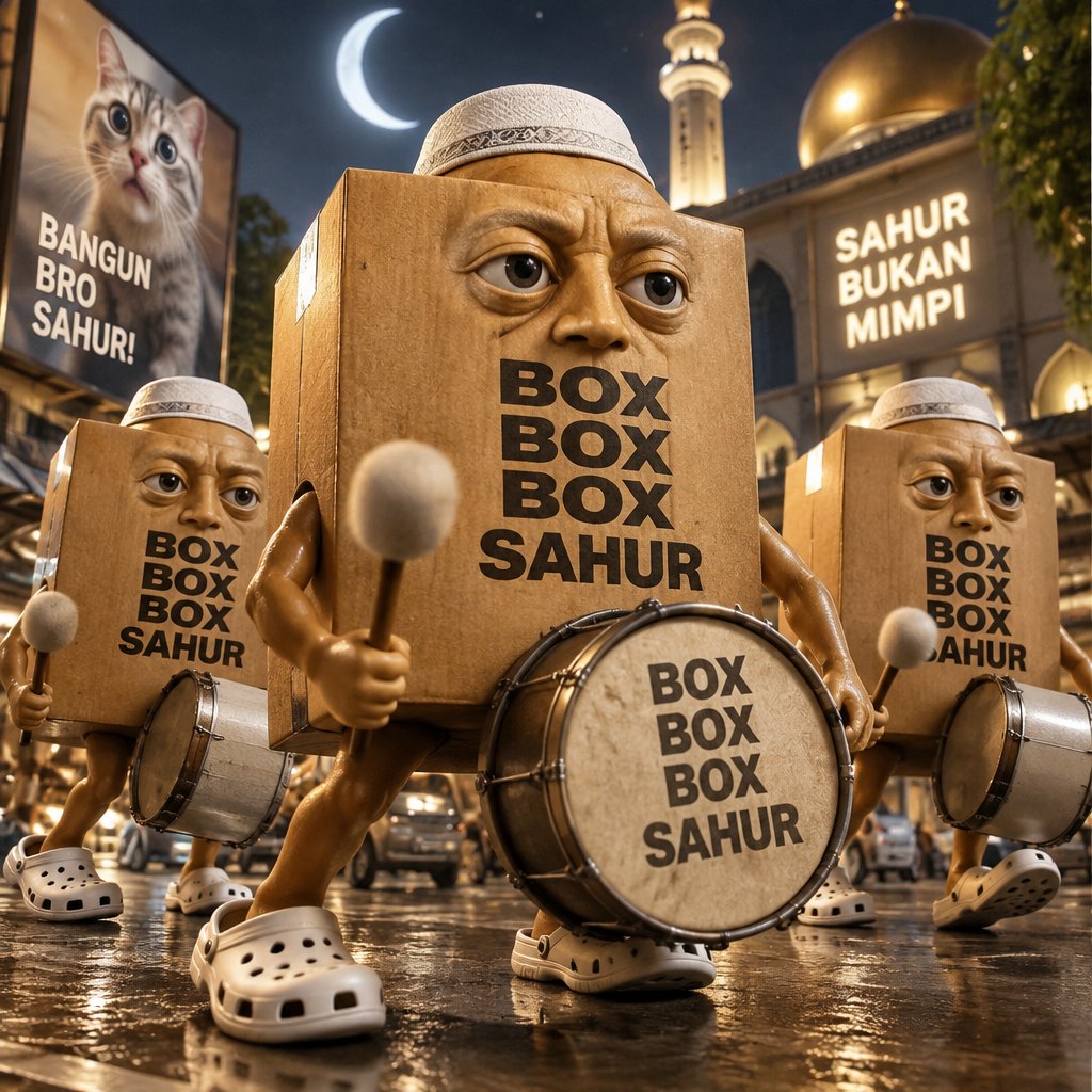 Cartoon box-shaped characters march through a golden mosque street at night.