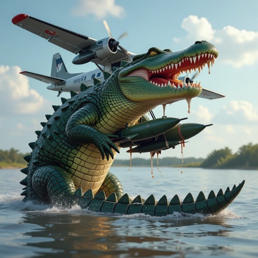 Un coccodrillo fuso ha un aeroplano con sotto delle bombe
