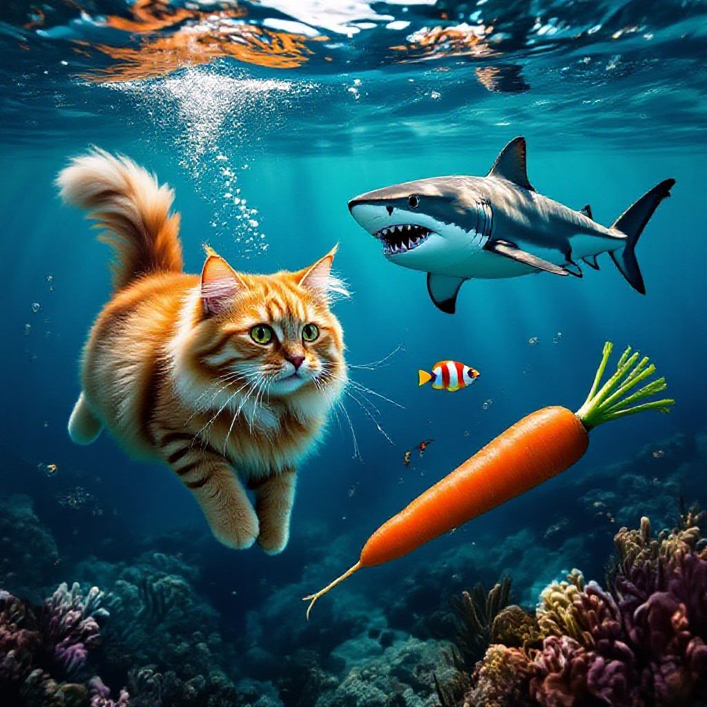 Cat underwater with a shark and carrot