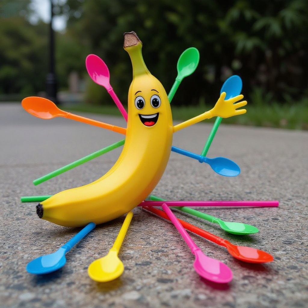 A banana that has plastic spoons for arms and plastic straws for legs