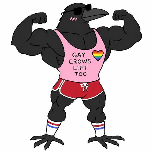 Cartoon crow wearing pink shirt and red shorts, flexing with rainbow heart.