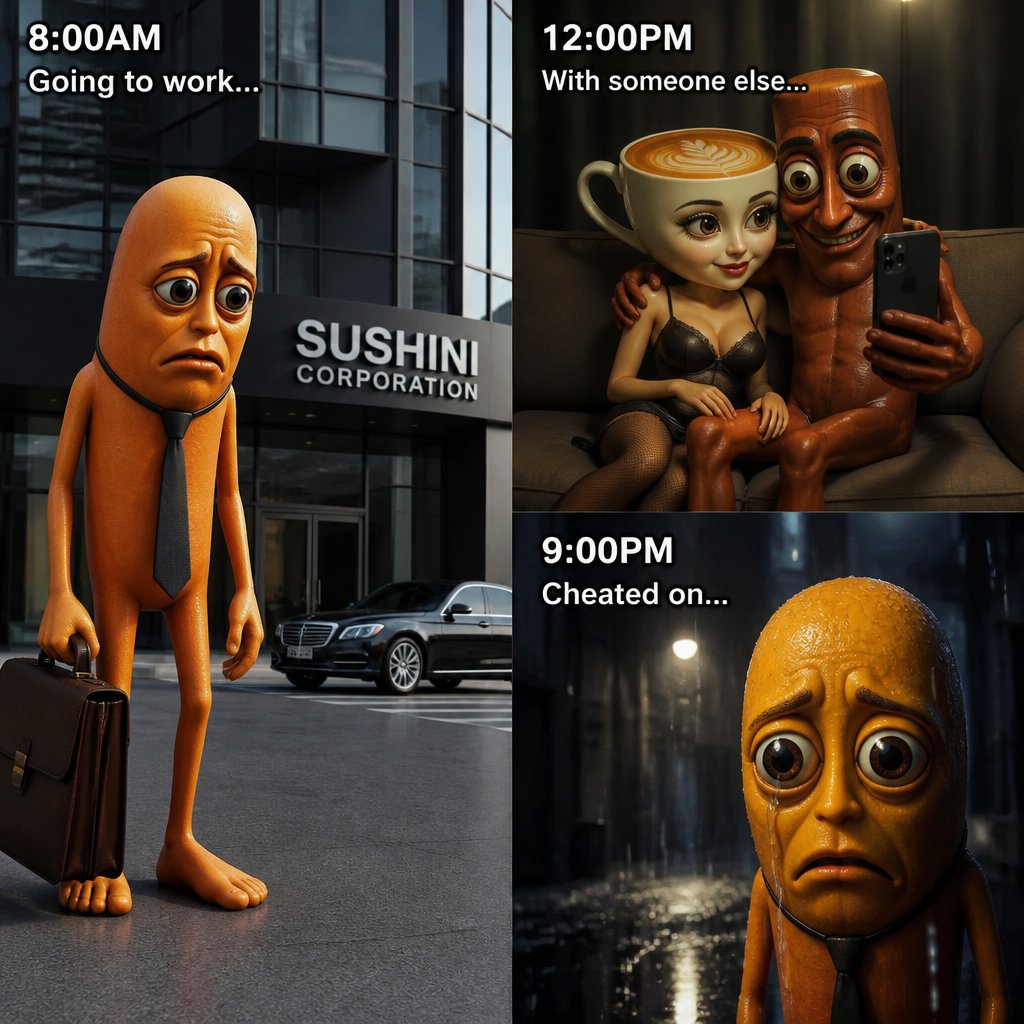 Cartoon character shown commuting, dining, and standing outside across a daily schedule.