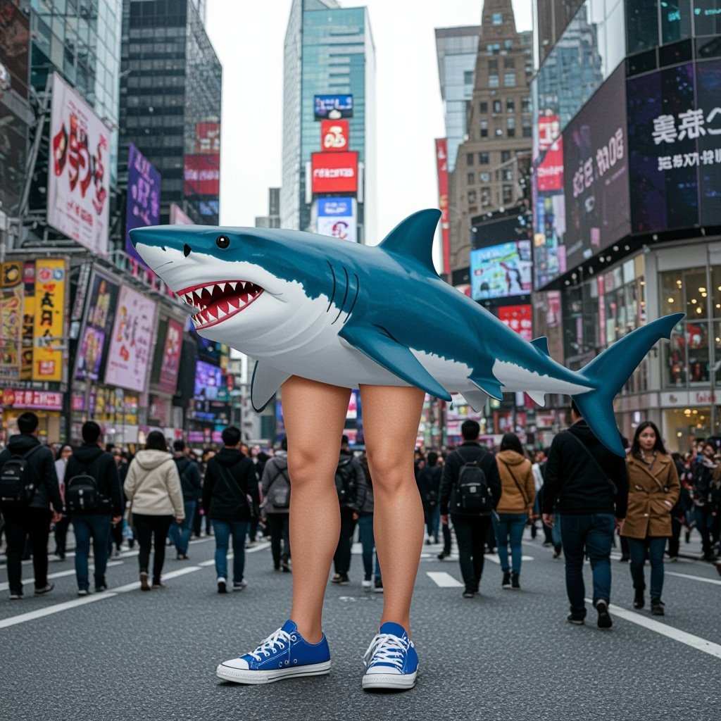 Shark with 2 human leg with 2 wear blue shoes in city