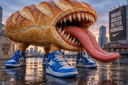 Giant bread creature in blue sneakers with an extended tongue on a city street, surreal meme style.