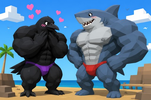Animated muscular shark characters standing on a sunny beach with floating hearts.