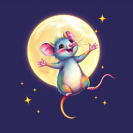 Rainbow rat jumping in a moon