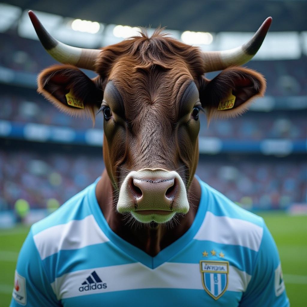 Una mucca muscolosa allo stadio con la maglia della Lazio