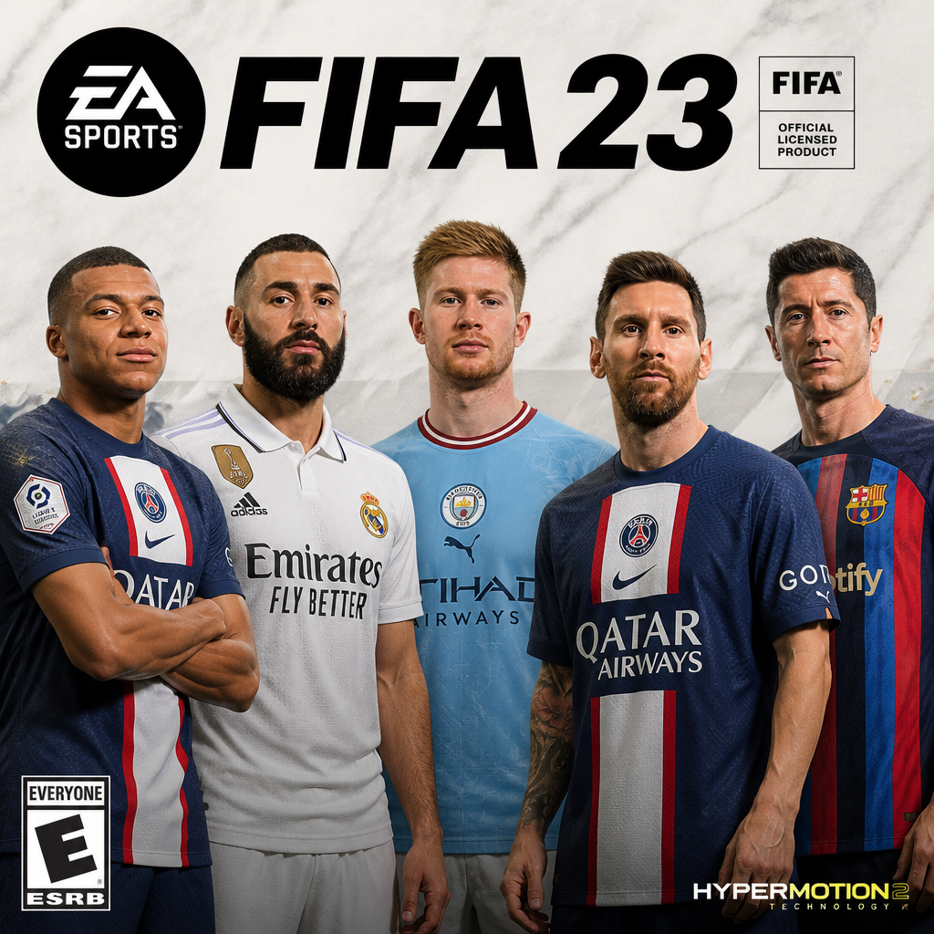 Mbappe, Benzama, De Bruyne, Messi, and Lewandowski on a fifa 23 cover