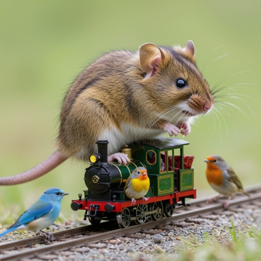 A very big mouse in a mini train with body on birds
