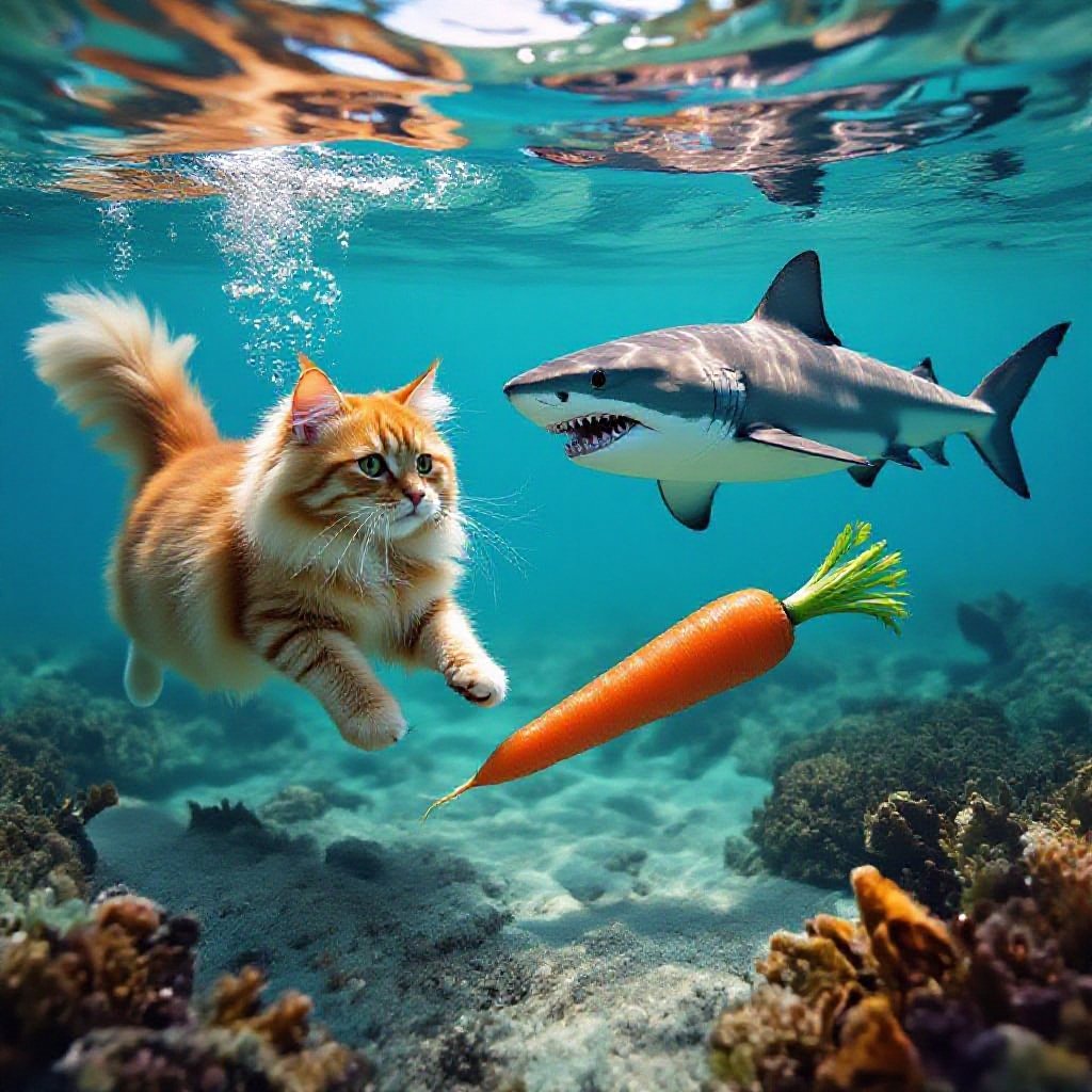 Cat underwater with a shark and carrot