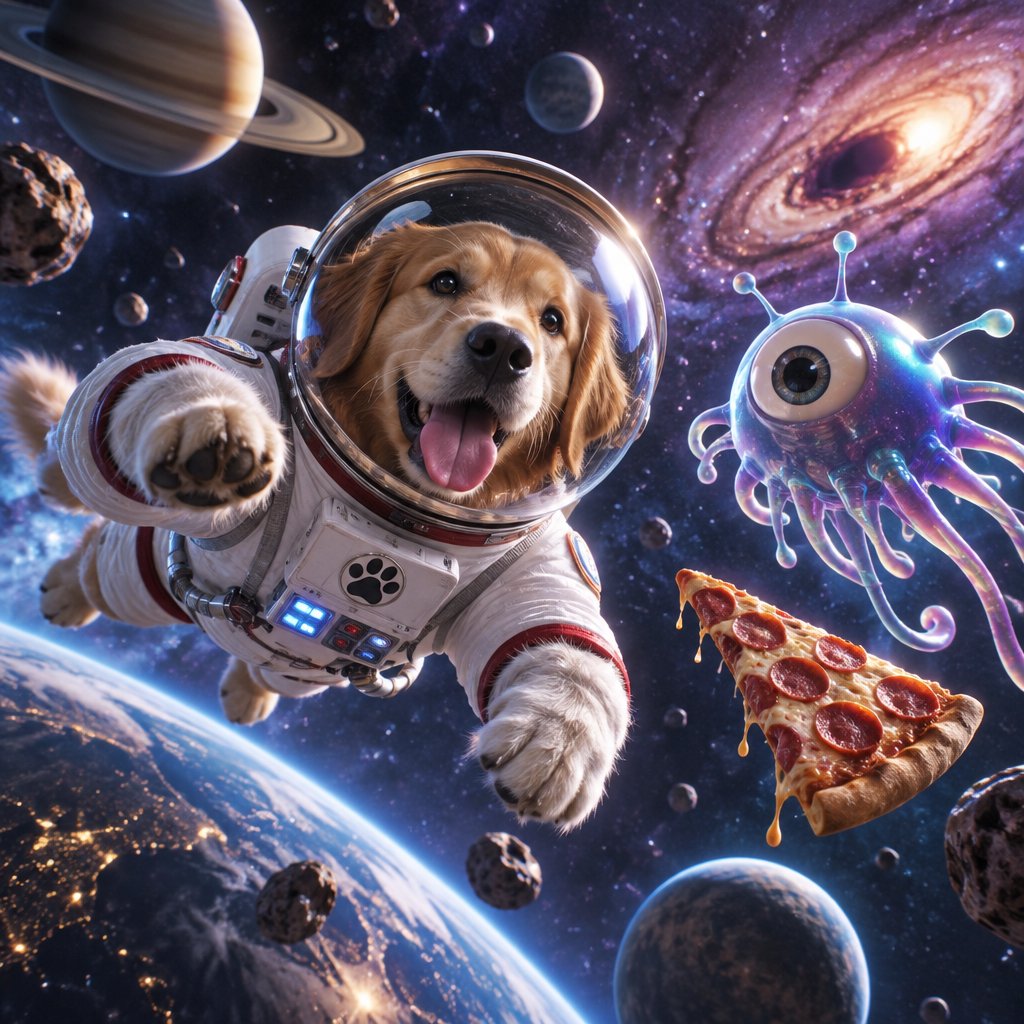 A dog astronaut floats through space beside a one-eyed alien and pizza.