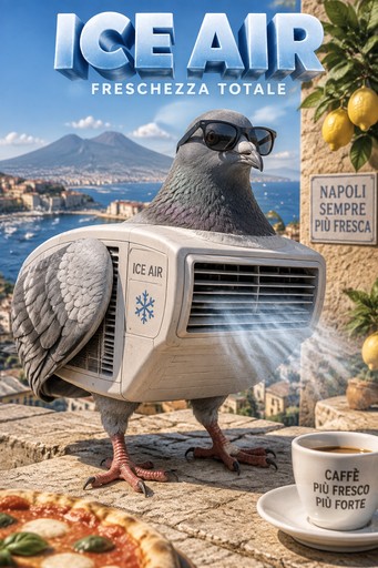 Surreal seal-shaped ice cream machine beside a pool, with coffee cup and colorful Italian-style text.